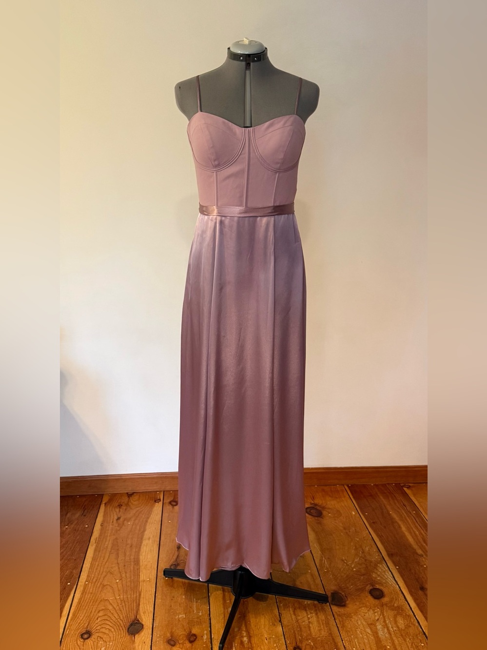 Mauve Satin Corset Maxi Dress with Spaghetti Straps